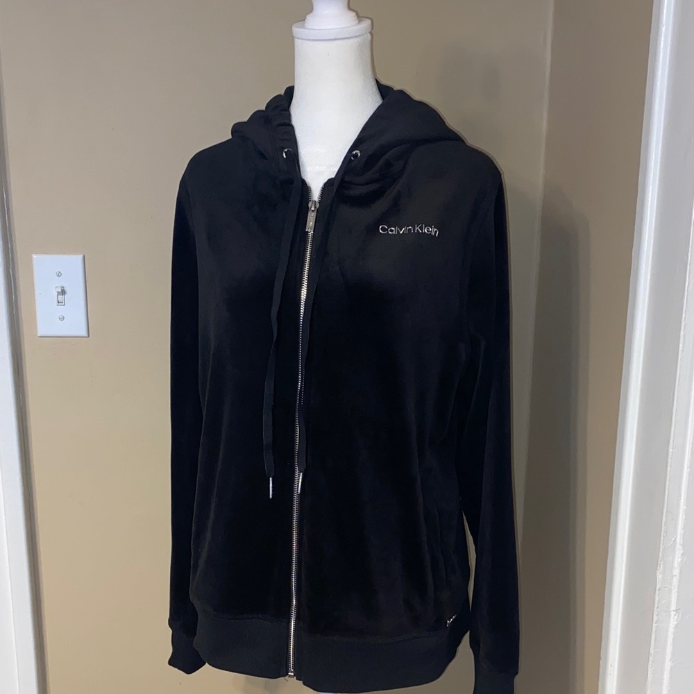 EUC CALVIN KLEIN Black Velour Zip Up Hoodie L - Picture 3 of 8